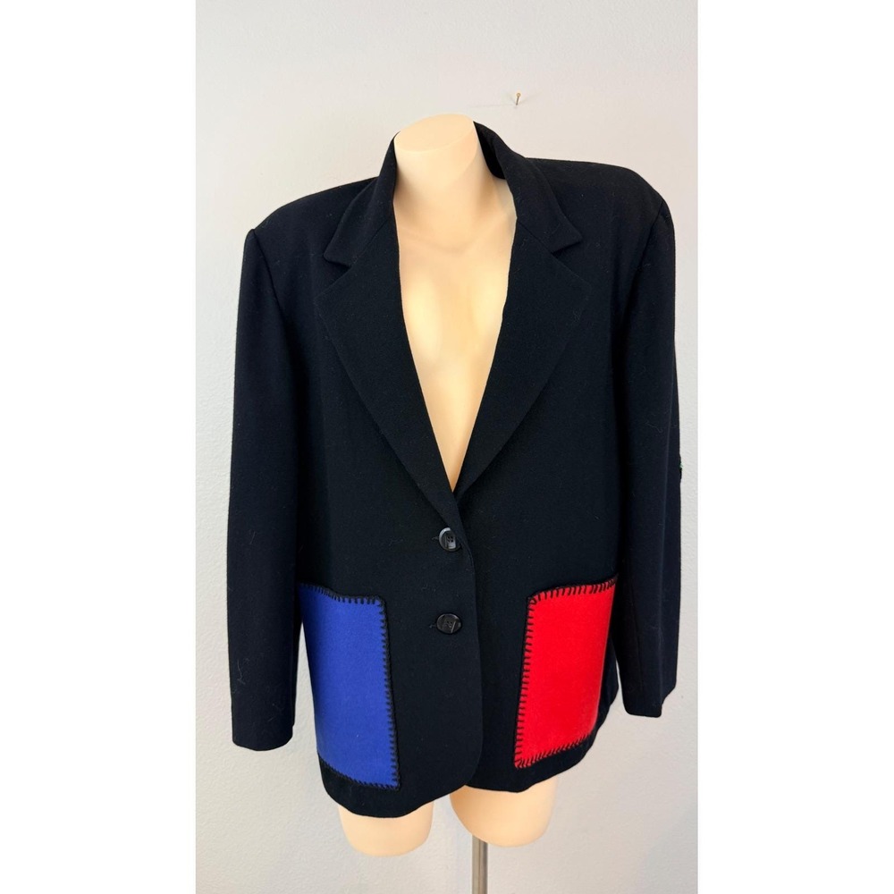 Vtg 1990s New Frontier Colorblock Art Teacher Wool Blazer Black Primary M